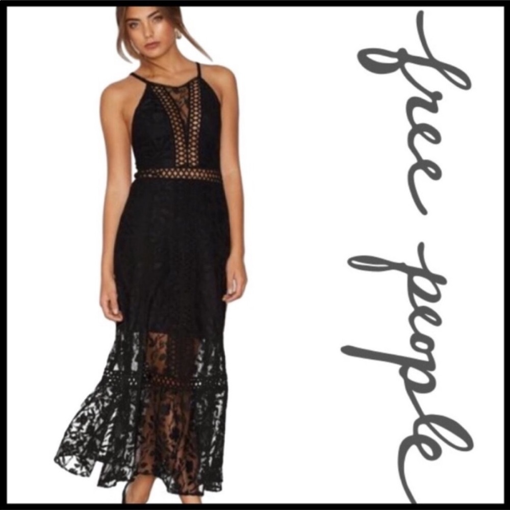NEW Free People Anastasia Lace and Crochet Black Maxi Dress Size 4